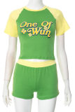 Green Casual Letters Patchwork O Neck Short Sleeve Two Pieces