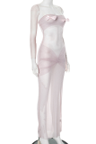 Pink Sexy Solid Color See-Through Bow Decor Strapless Long Dresses