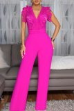 Lemon Yellow Casual Solid Color Lace Strap Design V Neck Regular Jumpsuits