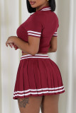 Pink Casual Stripe Buttons Patchwork Turndown Collar Short Sleeve Two Pieces