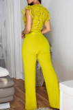 Lemon Yellow Casual Solid Color Lace Strap Design V Neck Regular Jumpsuits