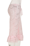Pink Sexy Solid Color Lace Regular Mid Waist Patchwork Bottoms
