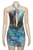Blue Sexy Print Hollow Out Halter Wrapped Skirt Dresses