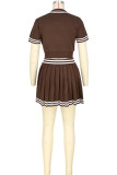 Pink Casual Stripe Buttons Patchwork Turndown Collar Short Sleeve Two Pieces