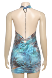 Blue Sexy Print Hollow Out Halter Wrapped Skirt Dresses