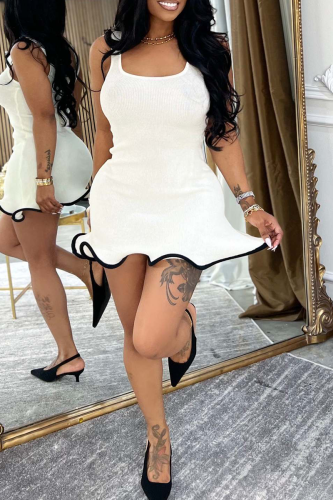 White Sexy Solid Color Contrast Spaghetti Strap Irregular Dresses