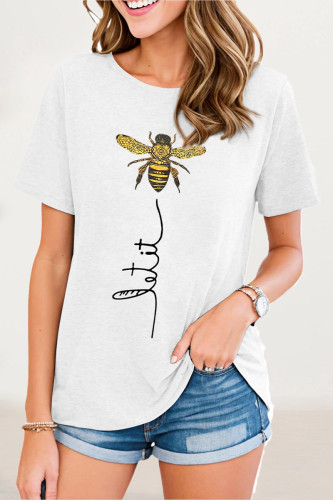 White Casual Animal Letter Print Patchwork O Neck T-Shirts