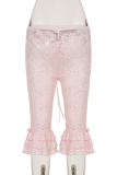 Pink Sexy Solid Color Lace Regular Mid Waist Patchwork Bottoms