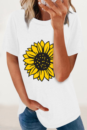 White Casual Print Flowers O Neck T-Shirts