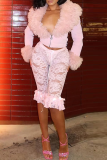 Pink Sexy Solid Color Lace Regular Mid Waist Patchwork Bottoms