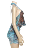 Blue Sexy Print Hollow Out Halter Wrapped Skirt Dresses
