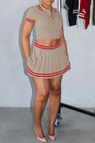 Pink Casual Stripe Buttons Patchwork Turndown Collar Short Sleeve Two Pieces