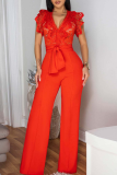 Lemon Yellow Casual Solid Color Lace Strap Design V Neck Regular Jumpsuits