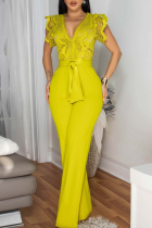 Lemon Yellow Casual Solid Color Lace Strap Design V Neck Regular Jumpsuits