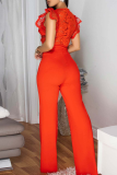 Lemon Yellow Casual Solid Color Lace Strap Design V Neck Regular Jumpsuits