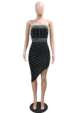Black Sexy Hot Patchwork Hot Drilling Backless Irregular Strapless Irregular Dresses