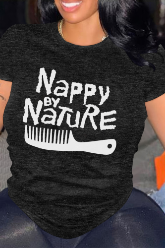 Black Casual Letter Print O Neck Tops