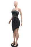 Black Sexy Hot Patchwork Hot Drilling Backless Irregular Strapless Irregular Dresses