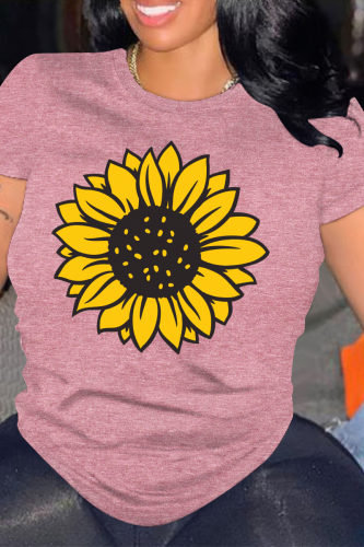 Pink Casual Flowers Print O Neck Tops