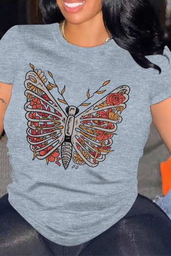 Grey Casual Skull Butterfly Print O Neck Tops