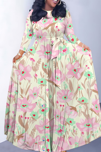 Apricot Elegant Striped Print Flowers Pocket With Belt Contrast O Neck Printed Dresses