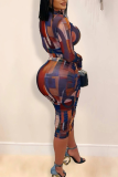 Multicolor Sexy Print See-Through O Neck Long Dresses