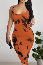 Orange Sexy Floral Print Contrast U Neck Printed Dresses