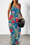 Rose Red Sexy Floral Print Pocket Contrast V Neck Printed Dresses