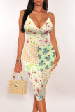Blue Purple Sexy Flowers Print Contrast V Neck Wrapped Skirt Dresses