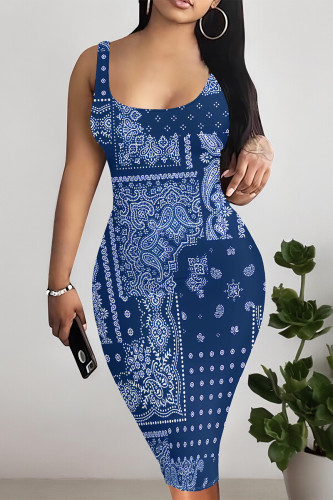 Blue Sexy National Totem Print Contrast U Neck Printed Dresses
