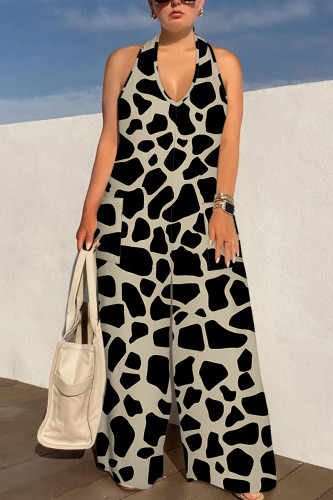 Khaki Sexy Colorblock Print Lace Up Backless Contrast Halter Loose Jumpsuits