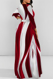 Stripe Elegant Striped Print Flowers Pocket With Belt Contrast O Neck Printed Dresses