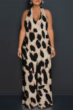 Apricot Sexy Colorblock Print Lace Up Backless Contrast Halter Loose Jumpsuits