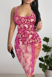 Rose Red Sexy National Totem Print Contrast U Neck Printed Dresses