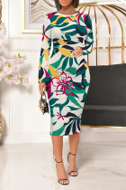 Green Casual Floral Print Leopard Contrast O Neck Printed Dresses