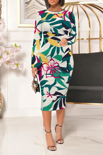 Green Casual Floral Print Leopard Contrast O Neck Printed Dresses