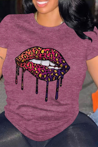 Burgundy Casual Lips Print O Neck Tops
