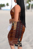 Rose Red Sexy National Totem Print Contrast U Neck Printed Dresses