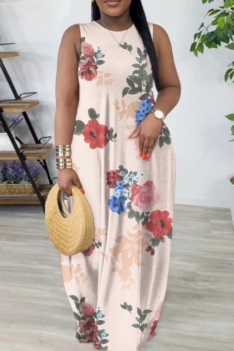 Pink Casual Geometric Print Flowers Pocket Contrast O Neck Printed Dresses