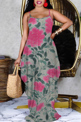 Rose Red Sexy Floral Print Pocket Contrast V Neck Printed Dresses