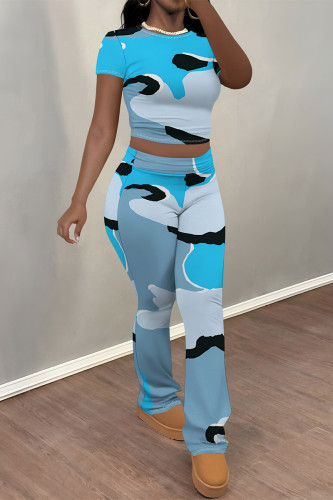 Baby Blue Casual Camouflage Print Contrast O Neck Short Sleeve Two Pieces