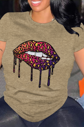Khaki Casual Lips Print O Neck Tops