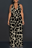 Apricot Sexy Colorblock Print Lace Up Backless Contrast Halter Loose Jumpsuits