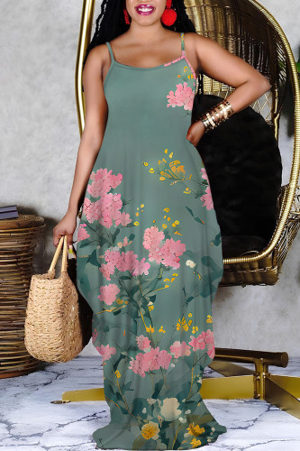 Pink Sexy Floral Print Pocket Contrast V Neck Printed Dresses