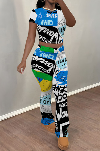 Blue Casual Graffiti Print Contrast O Neck Short Sleeve Two Pieces