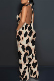 Apricot Sexy Colorblock Print Lace Up Backless Contrast Halter Loose Jumpsuits