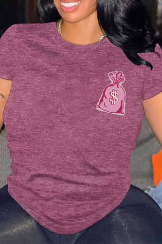 Burgundy Casual Graffiti Print O Neck Tops