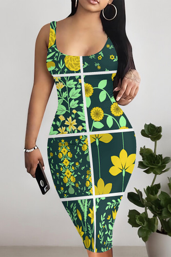 Dark Green Sexy Plaid Floral Print Contrast U Neck Printed Dresses