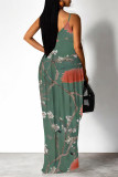 Rose Red Sexy Floral Print Pocket Contrast V Neck Printed Dresses