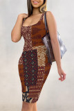 Rose Red Sexy National Totem Print Contrast U Neck Printed Dresses